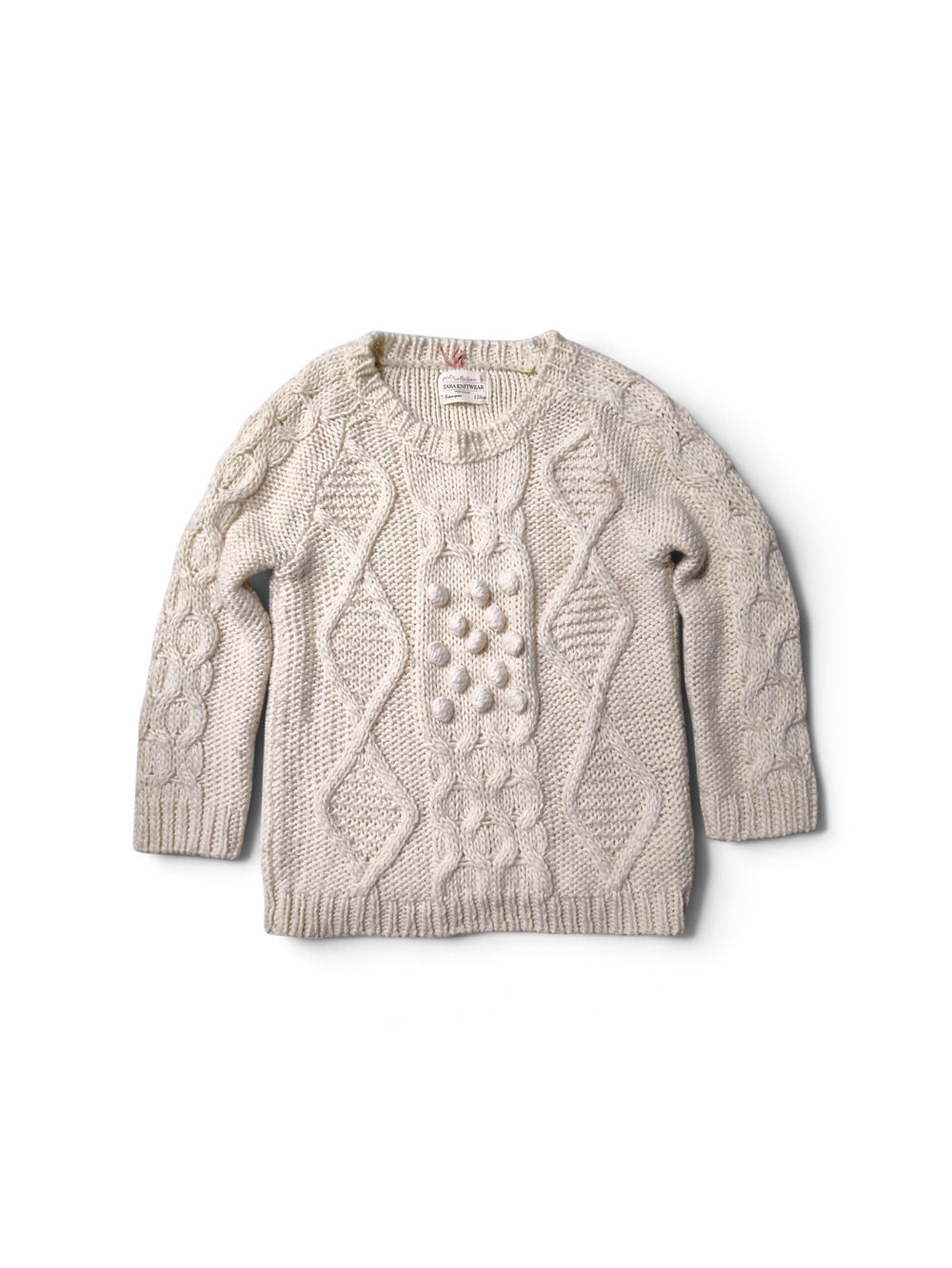 Zara Kids Girls Cream Chunky Cable Knit Pom Pom Bobble Sweater Size 7-8yr